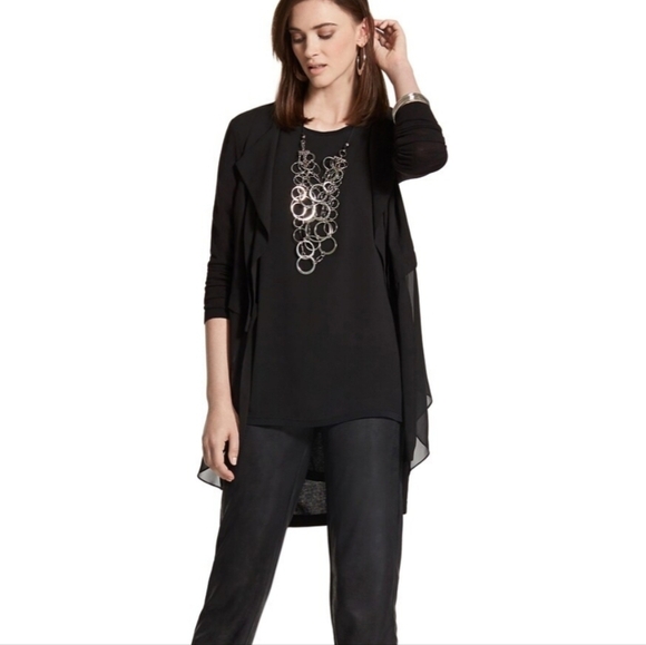 Chico's Mixed fabric cardigan sweater black front sheer closet staple - Picture 2 of 9